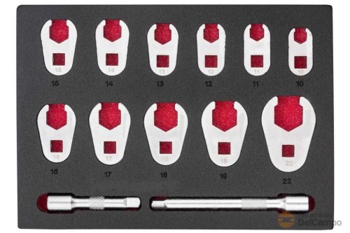 Bandeja de polifoam con 11 llaves 3/8" abiertas "crowfoot", (10 - 22 mm) + 2 alargaderas 75 mm y 125 mm Bandeja de polifoam con 11 llaves 3/8" abiertas "crowfoot", (10 - 22 mm) + 2 alargaderas 75 mm y 125 mm