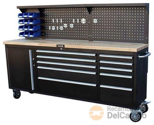Mesa de taller movil con 10 cajones + armario y panel perforado (2134 x 486 x Mesa de taller movil con 10 cajones + armario y panel perforado (2134 x 486 x