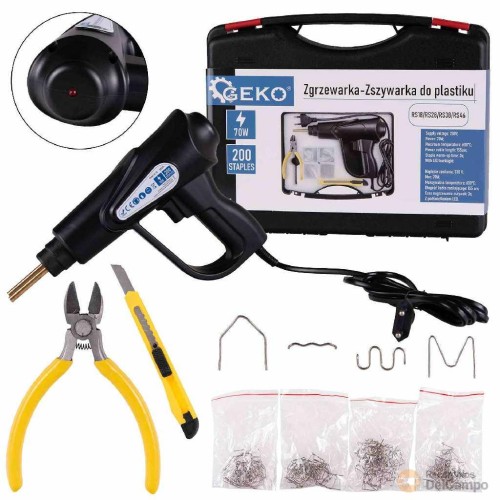 Estuche de pistola soldadora de plásticos, 50w.-230v. + alicate de corte + cutter + bolsa 200 grapas metalicas surtidas para soldador de plasticos de carroceria Estuche de pistola soldadora de plásticos, 50w.-230v. + alicate de corte + cutter + bolsa 200 grapas metalicas surtidas para soldador de plasticos de carroceria