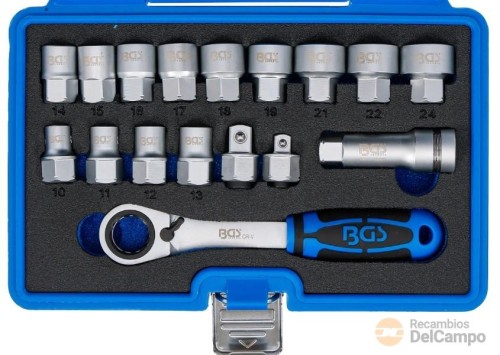 Estuche de carraca pasante 72 d. + 13 vasos pasantes multicara **gear-lock** ( 10 - 24 mm.) + alargadera pasante 75 mm. + 2 adaptadores 1/2" & 3/8", para varillas y torretas de amortiguadores Estuche de carraca pasante 72 d. + 13 vasos pasantes multicara **gear-lock** ( 10 - 24 mm.) + alargadera pasante 75 mm. + 2 adaptadores 1/2" & 3/8", para varillas y torretas de amortiguadores